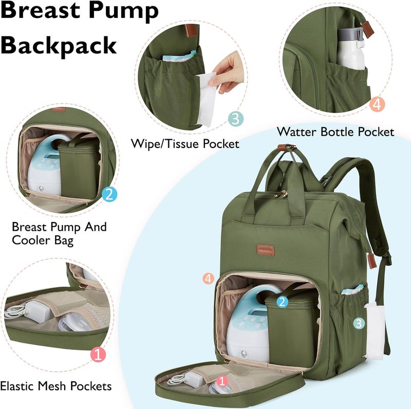 MOMMORE Breast Pump Backpack for Spectra S1,S2 Medela Large Diaper Backpack for Working Moms with 15.6 inch Laptop Sleeve, Green - Image 4